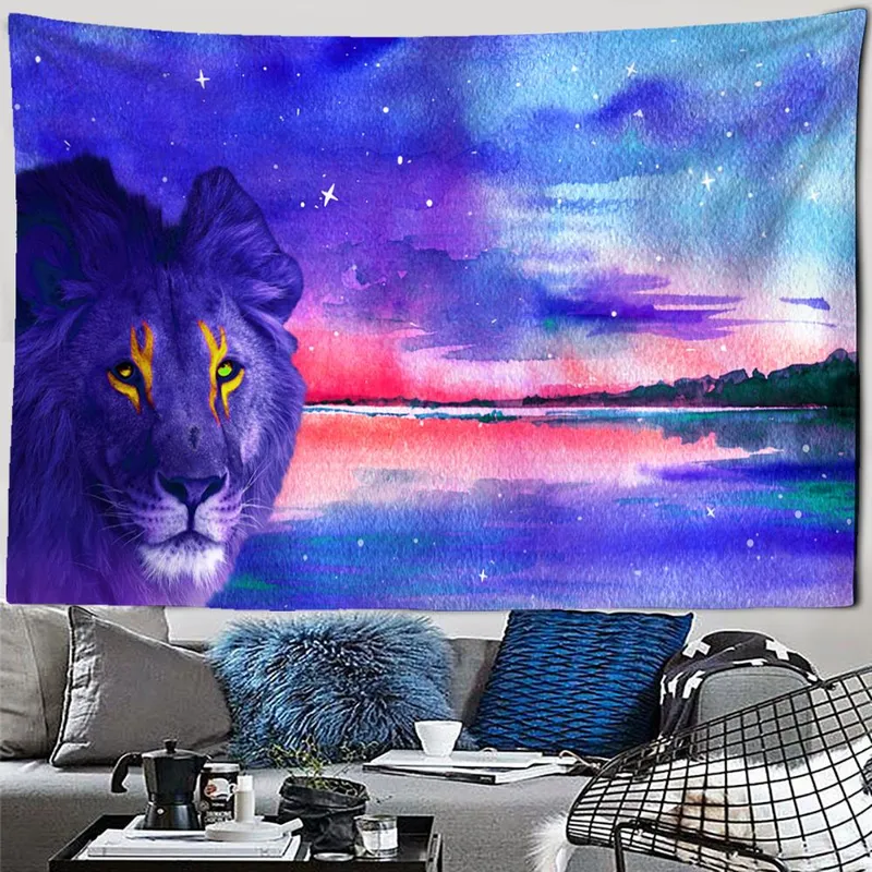 Oljemaleri Løveteppe Vegghengende dyr Psykedelisk hekseri Bohemstil Hippie Tapiz Hjemmeinnredning 95x70cm (#3774)