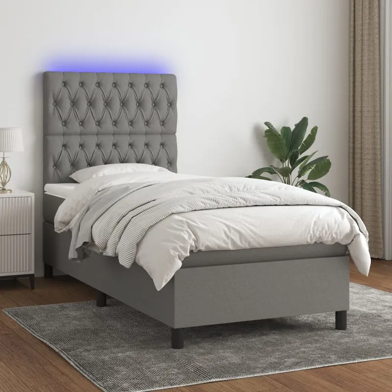 vidaXL Ramsäng med madrass & LED mörkgrå 90×200 cm tyg (#6100)