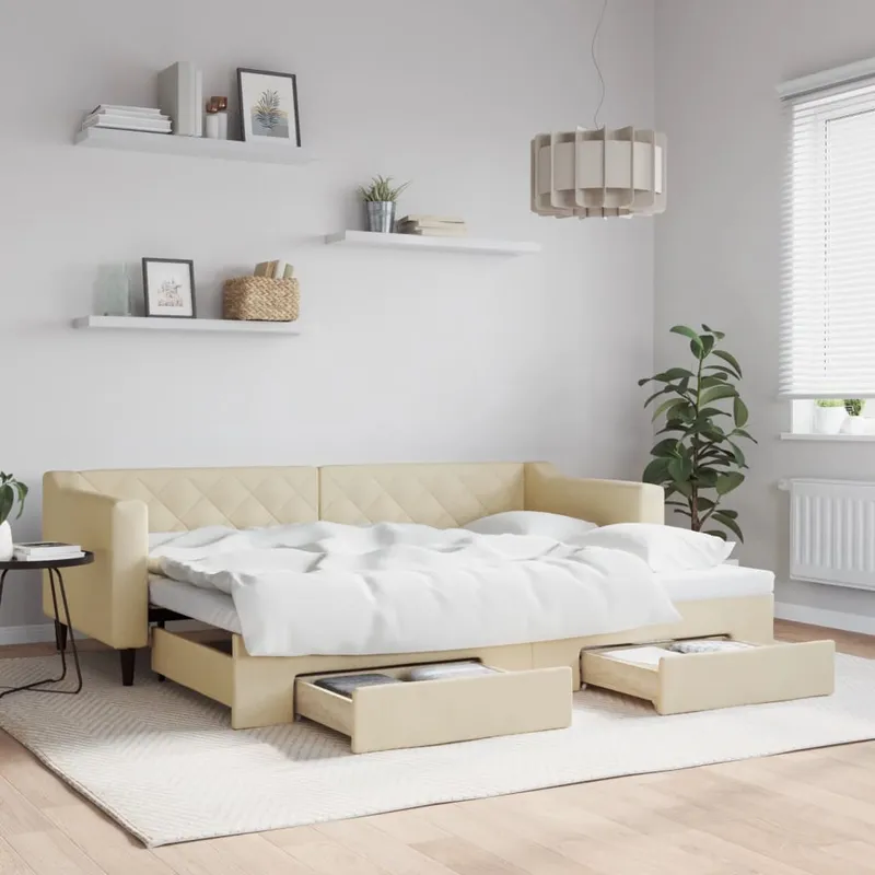 vidaXL Dagbädd utdragbar med lådor gräddvit 80×200 cm tyg (#8354)