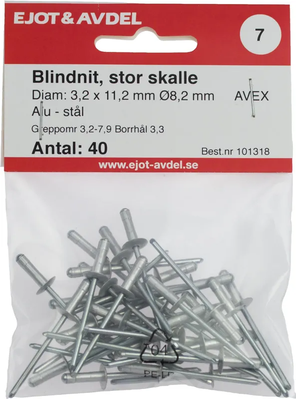 Ejot 101232 Blindnit AVEX, stor skalle 4,0 x 12,3 mm, 25-pack