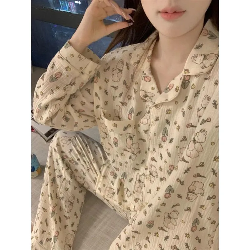 Dampysjamas Ny Høst Vår Langermet Mykt Nattøy Sett Stripet Tegneserie Pyjamas Dame Hjemmenattøy Sett Cardigan XXL (#6928)