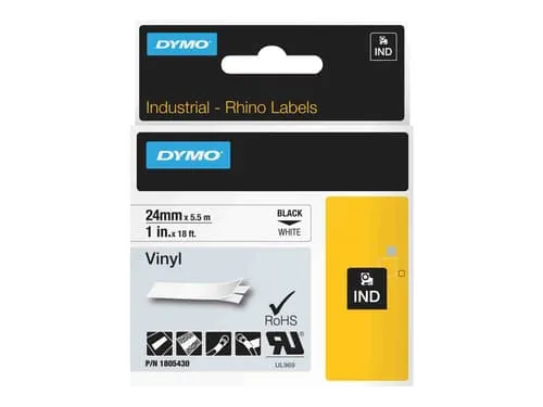 DYMO Rhino industri vinyl tejp, 24 mm x 5.5 m kassett, svart på vit, självhäftande
