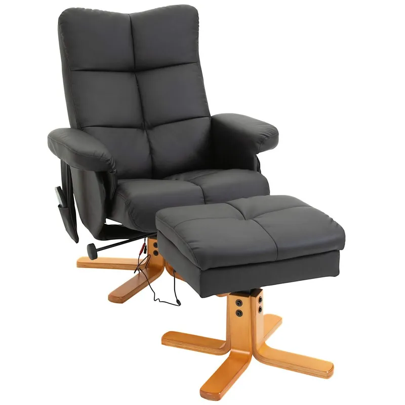 Massagestol med fotpall, svart konstläder