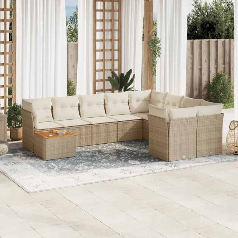 vidaXL Soffgrupp för trädgård med dynor 10 delar beige konstrotting (#6882)