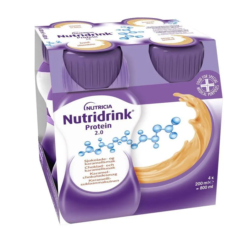 Nutridrink Protein 2.0 choklad-karamell, extra energi och proteinrikt, 2 kcal/ml 4 x 200 milliliter