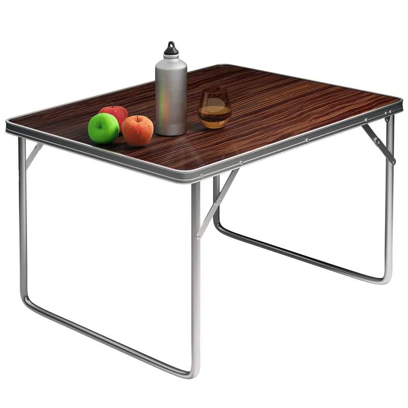 Hopfällbart campingbord i aluminium, träliknande, 80x60x70cm