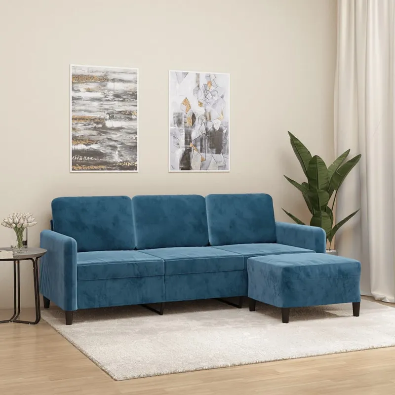 vidaXL 3-sitssoffa med fotpall blå 180 cm sammet (#1507)