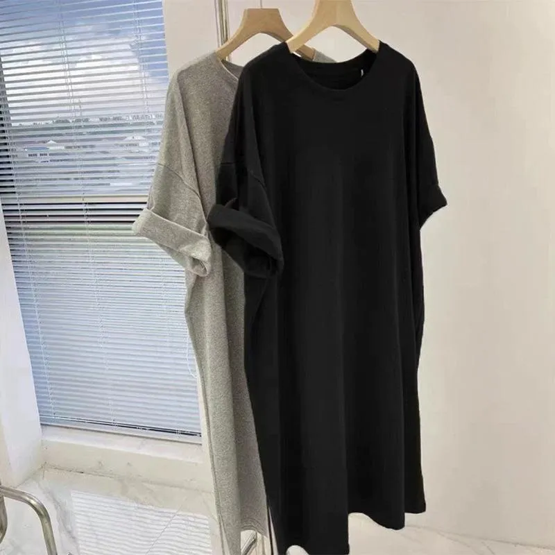 Kjole med bokstavtrykk Sommer Ny Koreansk Mote Løs Casual Lang T-skjorte Skjørt 4XL