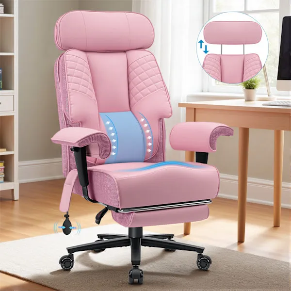 HOFFREE XXL Kontorsstol upp till 227 kg – Stor & Hög Executive-stol med Bred Sits, PU-läder, Justerbart Svankstöd, Ergonomisk Snurrstol – Rosa