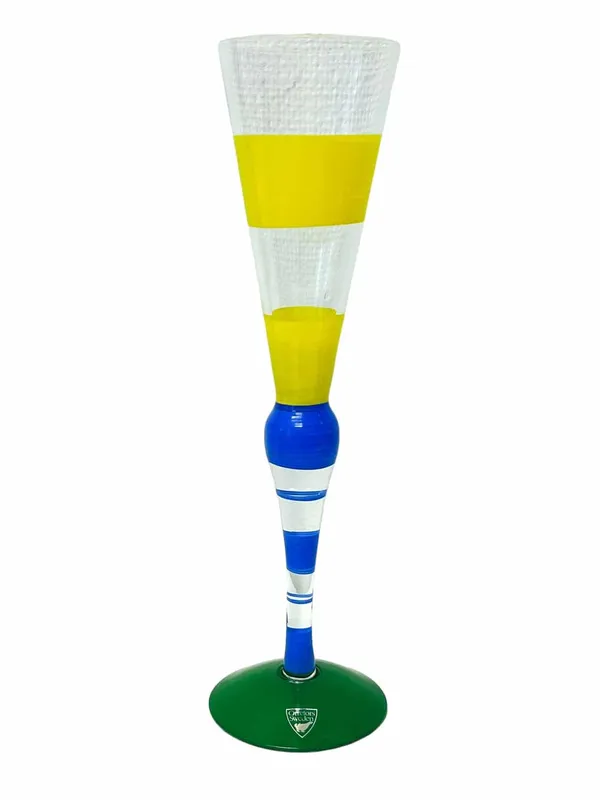 Orrefors – Clown – Champagneglas – Blå Gula Ränder med Grön fot Design Anne Nilsson