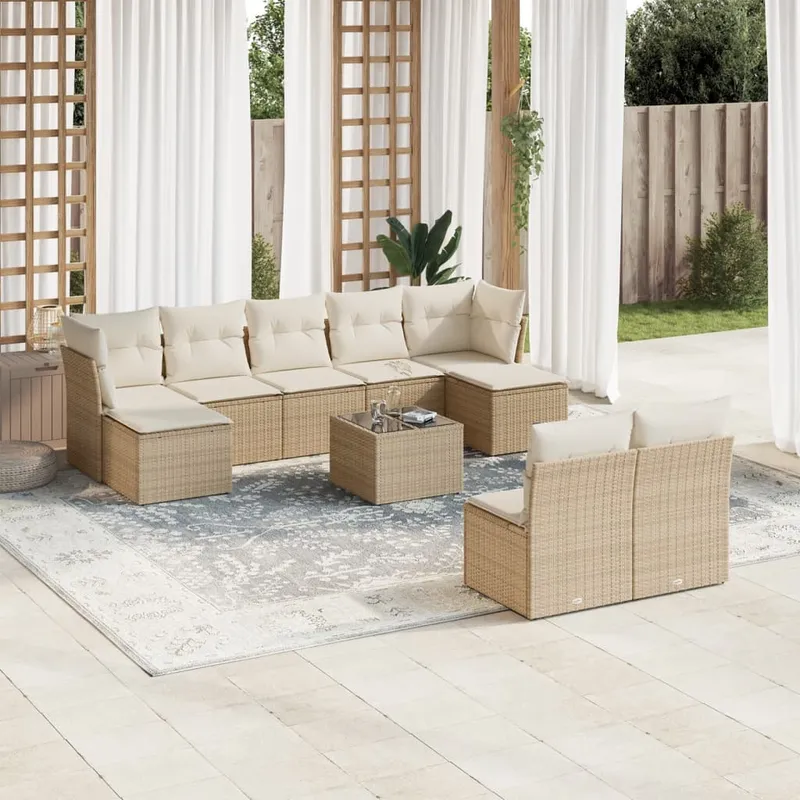 vidaXL Soffgrupp för trädgård med dynor 10 delar beige konstrotting (#0923)