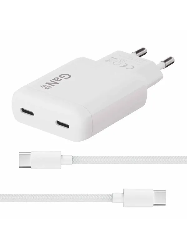 X2O 65W GaN Dual SLIM AVS Charger (Incl. 1.5 m USB-C to USB-C Cable) - White