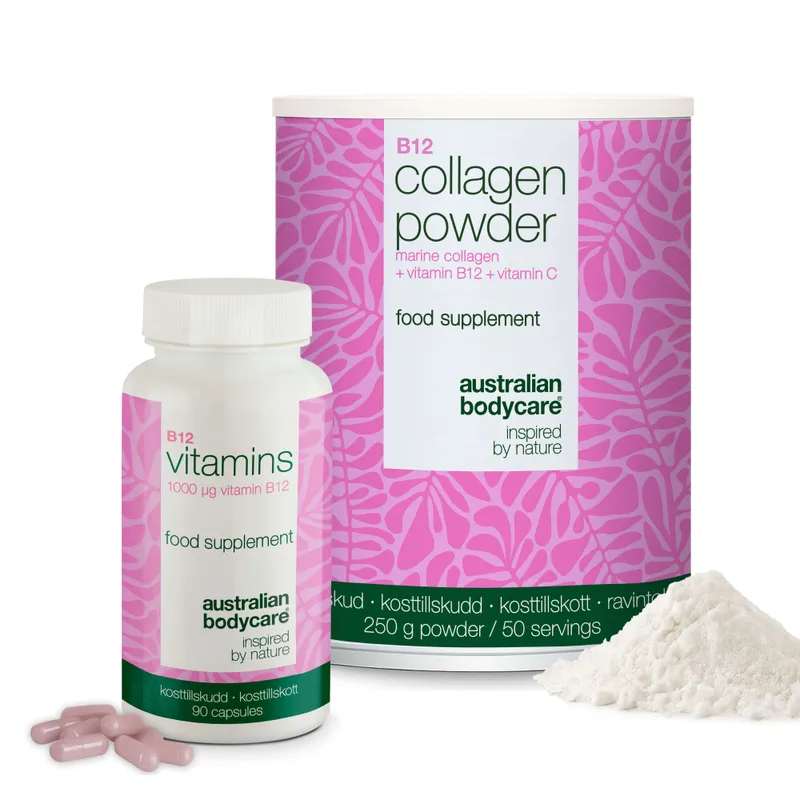 Kollagen & Vitamin B12 Bundle - 250 g Kollagenpulver + 90 B12 Kapslar - Daglig rutin med marint kollagen, C-vitamin för normal kollagenbildning i huden och högdos Vitamin B12 (1000 µg).