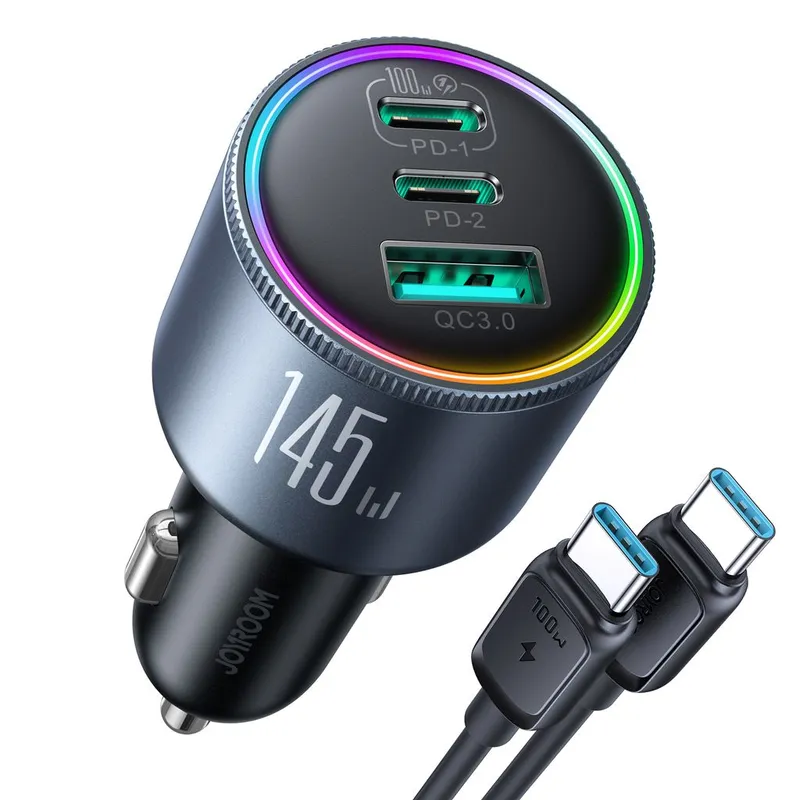 Joyroom JR-CCN07 145W Car Charger 2xUSB-C USB-A + 100W USB-C Cable - Dark Grey