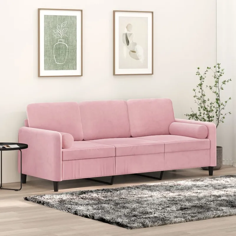 vidaXL 3-sitssoffa med prydnadskuddar rosa 180 cm sammet (#8613)