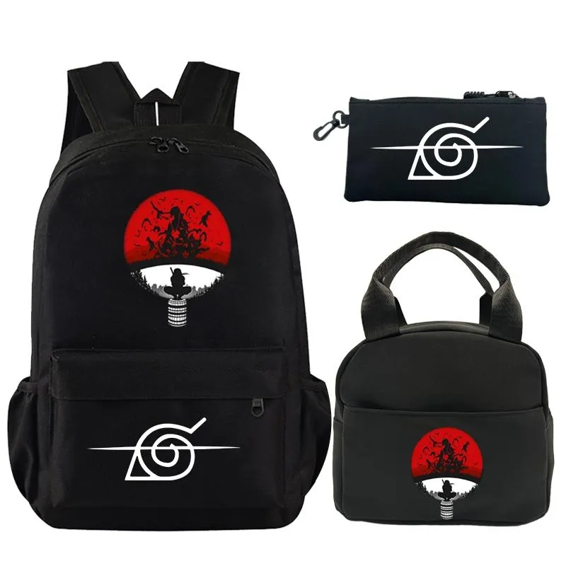 3 st/set Anime Naruto tryckt ryggsäck Bokväska med Lunchväska Pennfodral Tonåring Barn Flicka Pojke Skolväska Ryggsäck (#5767)
