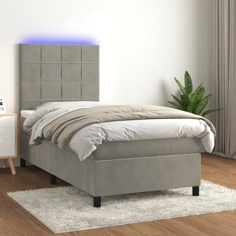 vidaXL Ramsäng med madrass & LED ljusgrå 90×200 cm sammet (#6253)