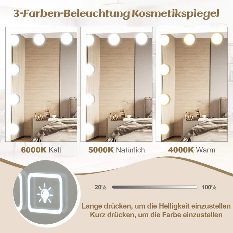 Hollywood-spegel med belysning, USB-laddningsport och Bluetooth-högtalare, Sminkspegel för sovrum, 58 x 46 cm, Vit