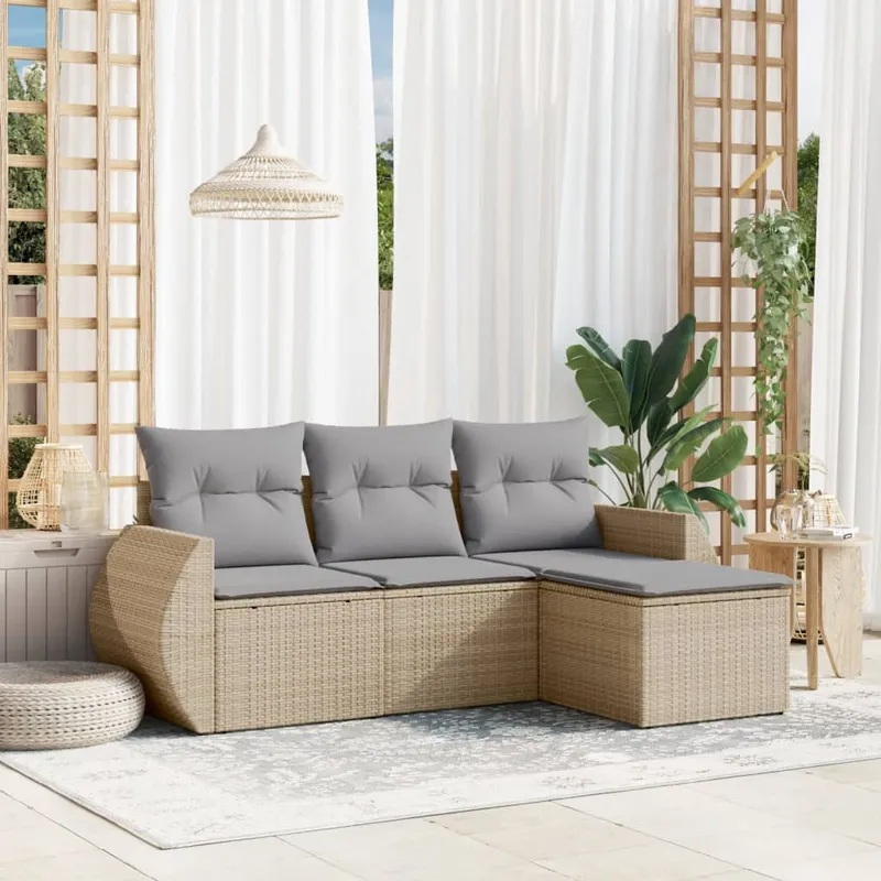 vidaXL Soffgrupp för trädgård med dynor 4 delar beige konstrotting (#6201)