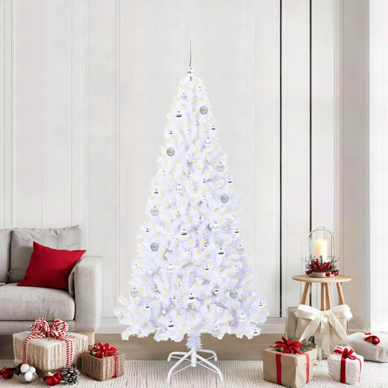 vidaXL Konstgjord julgran med 300 LED-lampor Vit 210 cm PVC och stål