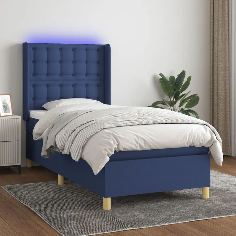vidaXL Ramsäng med madrass & LED blå 90×200 cm tyg (#7803)