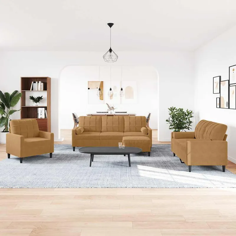 vidaXL Soffgrupp med dynor och bolster 4 delar brun sammet (#3792)