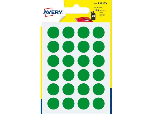 Etiketter Avery PSA15V runda Ø 15 mm gröna, förpackning 168 st