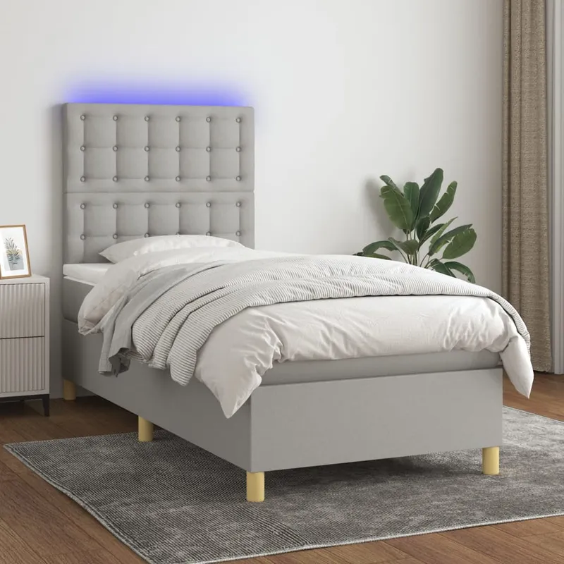 vidaXL Ramsäng med madrass & LED ljusgrå 90×200 cm tyg (#2491)