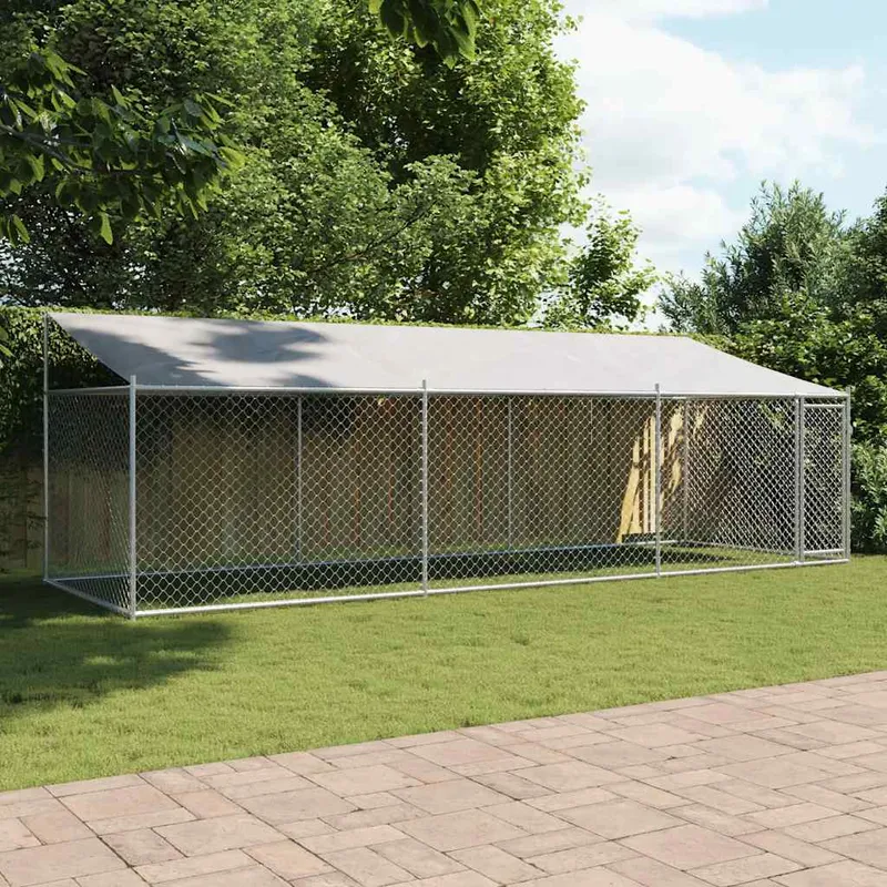 vidaXL Hundgård med tak och dörr grå 6x2x2 cm galvaniserat stål