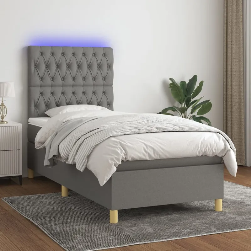 vidaXL Ramsäng med madrass & LED mörkgrå 90×200 cm tyg (#1708)