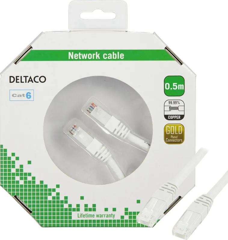 DELTACO U/UTP Cat6 patchkabel, LSZH, 0,5m, vit