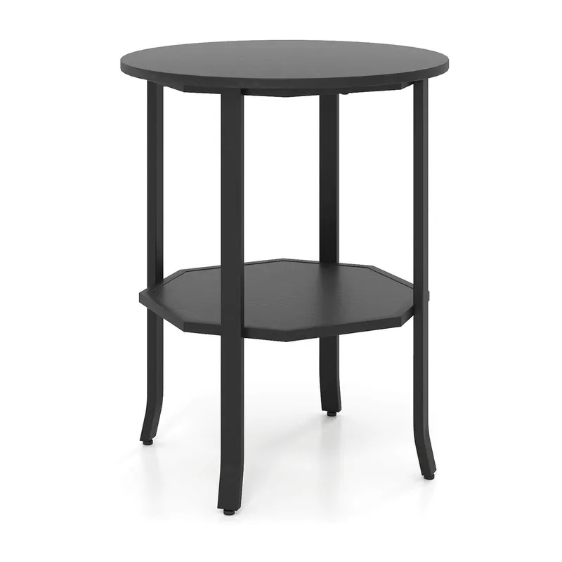 Runt sidobord med 2 våningar och hylla - svart industriell design