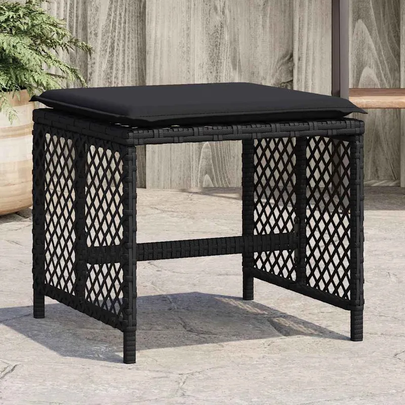 vidaXL Trädgårdspallar med dynor 4 st svart 41x41x36 cm konstrotting (#6233)