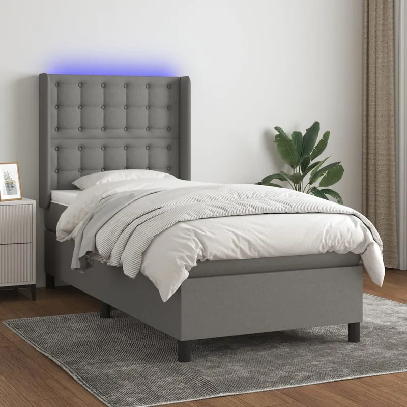 vidaXL Ramsäng med madrass & LED mörkgrå 90×190 cm tyg (#2075)