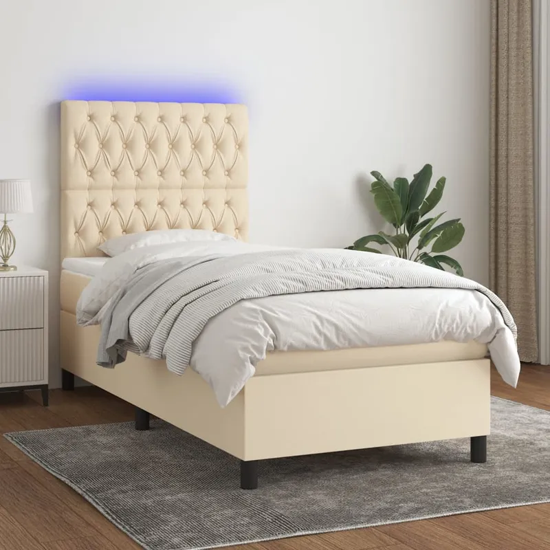 vidaXL Ramsäng med madrass & LED gräddvit 100×200 cm tyg (#6223)