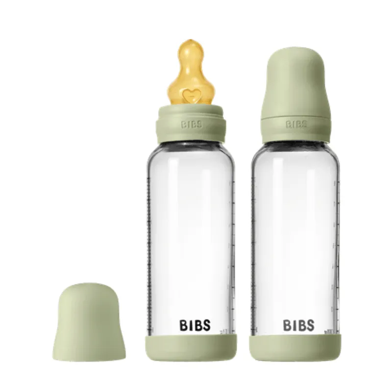 BIBS Glass Baby Bottle Round Latex Medium Flow Sage 240 ml 2-pack