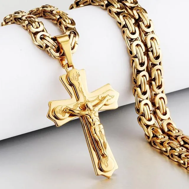 Heavy Duty Cross Pendant Halsband Herr Guld Rostfritt Stål Bysantinsk Kedja Herr Halsband 65cm (#6919)