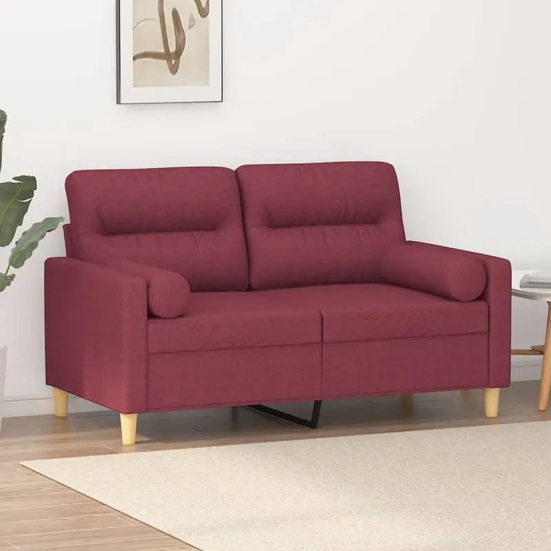 vidaXL 2-sits soffa med prydnadskuddar vinröd 120 cm tyg (#7869)
