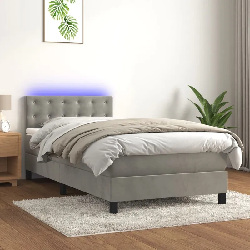 vidaXL Resårsäng med madrass och LED ljusgrå 90×190 cm sammet (#1396)