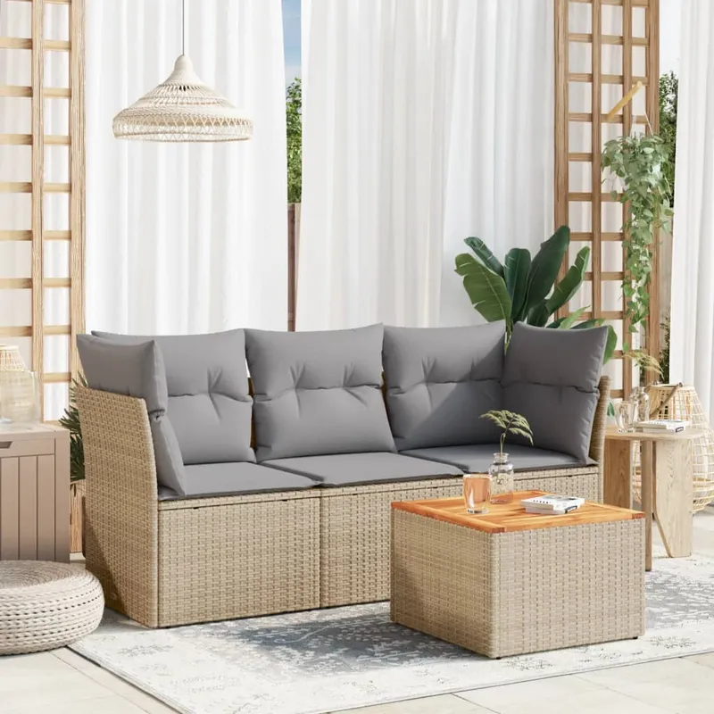 vidaXL Soffgrupp för trädgård med dynor 4 delar beige konstrotting (#3324)