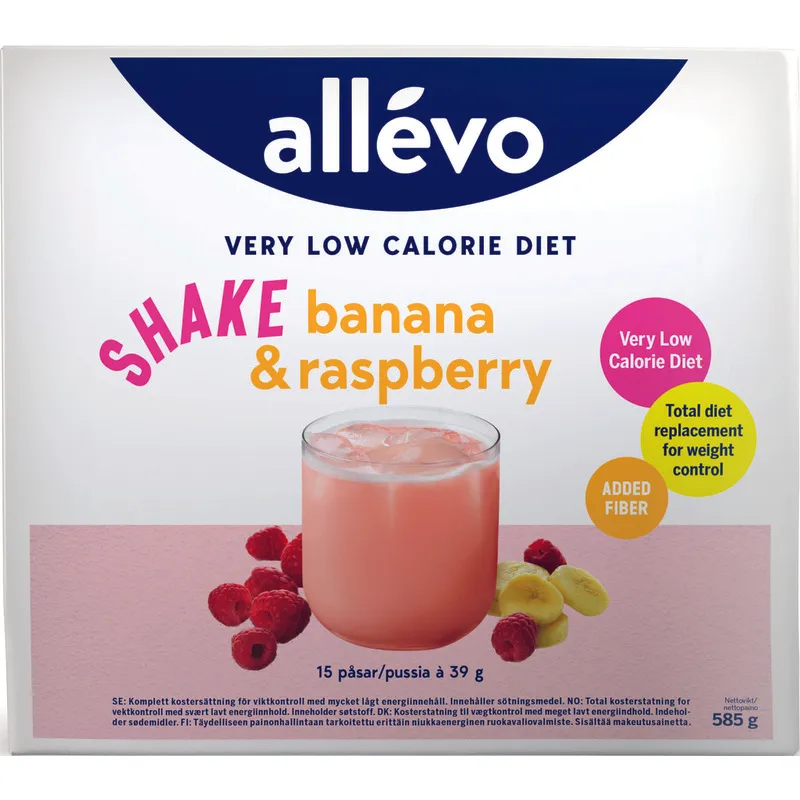 Allevo VLCD Shake , Banana & Raspberry, 15 portioner