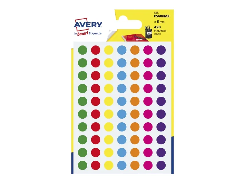 Etiketter Avery PSA08mx Ø8mm ass. färger (förpackning med 420 st.)