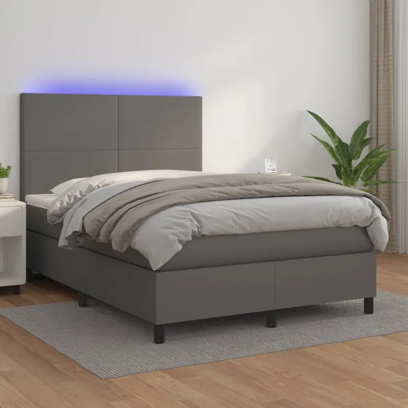 vidaXL Ramsäng med madrass & LED grå 140×190 cm konstläder (#3474)