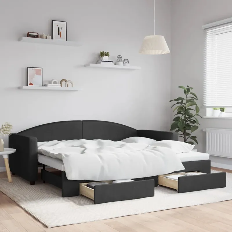 vidaXL Dagbädd utdragbar med lådor svart 90×200 cm tyg (#6008)