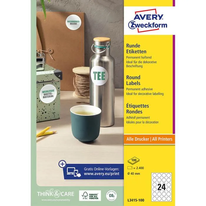 Avery L3415 - Vit - 40 mm rund 2400 st (100 ark x 24) runda etiketter