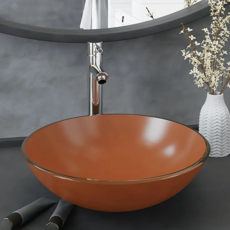 vidaXL Handfat med kran och tryckavlopp brunt härdat glas