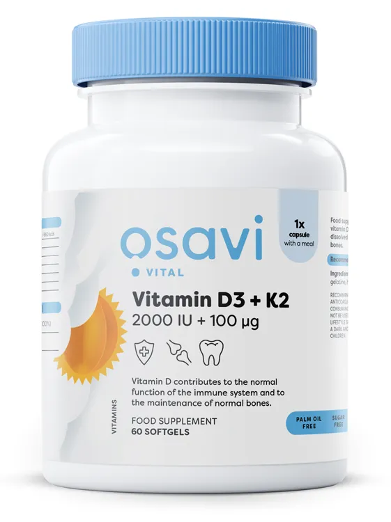 Osavi – Vitamin D3 + K2, 2000 IE + 100 µg, 60 mjukkapslar