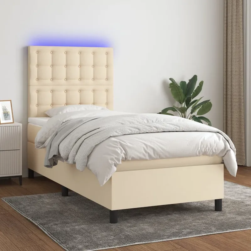 vidaXL Ramsäng med madrass & LED gräddvit 100×200 cm tyg (#7022)