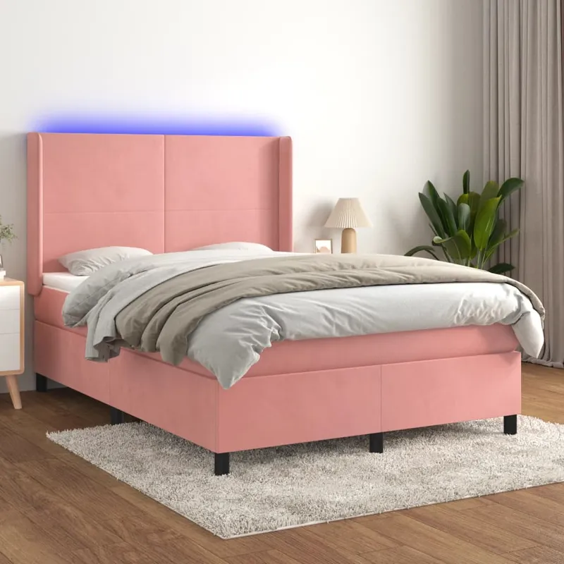 vidaXL Ramsäng med madrass rosa & LED 140×190 cm sammet (#0537)