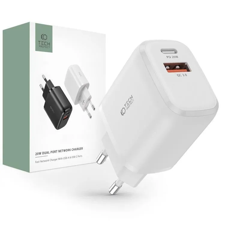Tech-Protect C20W USB-C PD 20W / USB-A QC 3.0 Network Charger - White